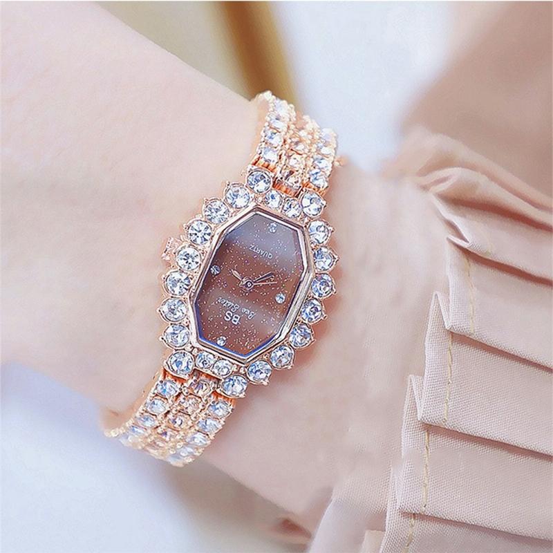 Women Diamond Plated Octagonal Quartz Watch with Rhinestone Bracelet - Rose Gold Coffee Diamond 9