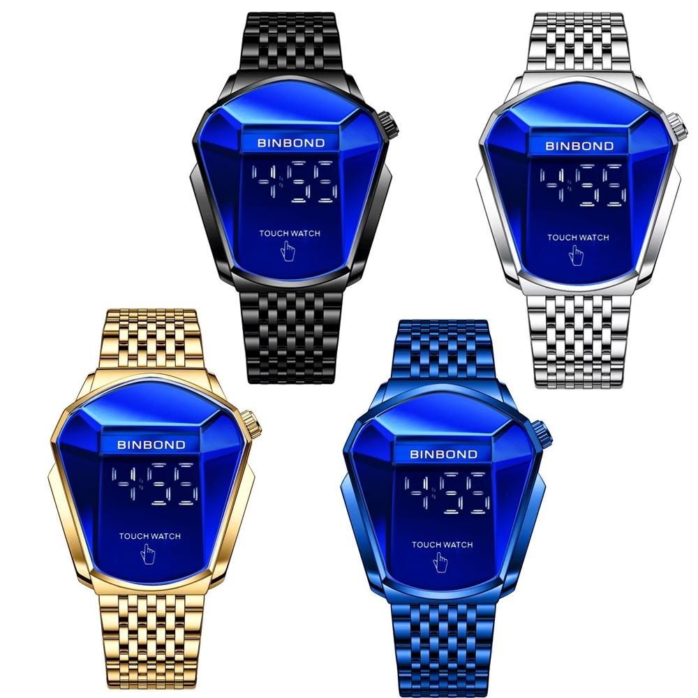Black Steel Touch Screen Men Watch with Locomotive Concept - Full Gold Blue 3