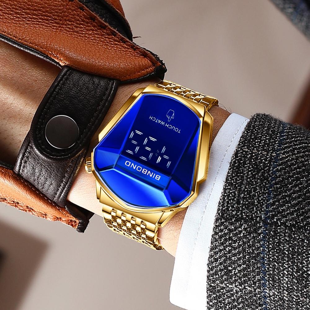 Black Steel Touch Screen Men Watch with Locomotive Concept - Full Gold Blue 5