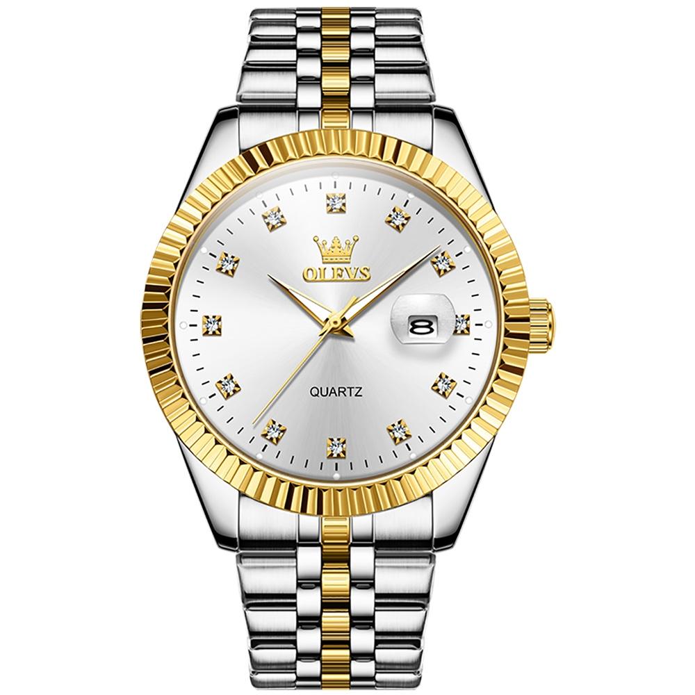 Men Luminous Waterproof Quartz Watch with Diamond Accents - White