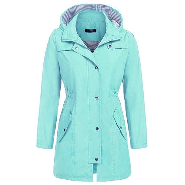 Casual Women Waterproof Waist Hooded Long Coat - Size S - Sky Blue 11