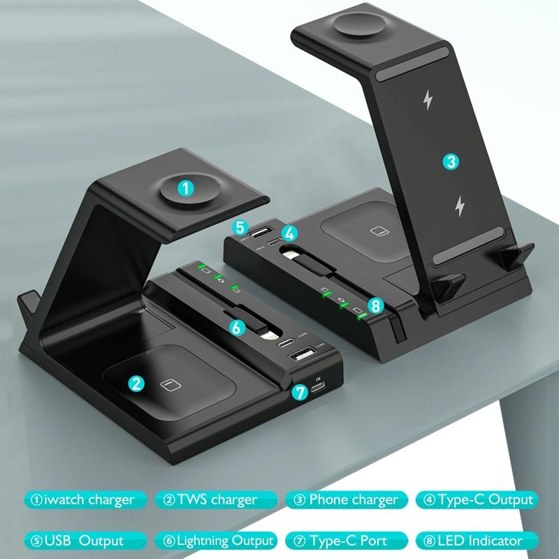 6 In 1 Wireless Charging Stand With Usb C Port & 8 Pin Cable - Grey 4