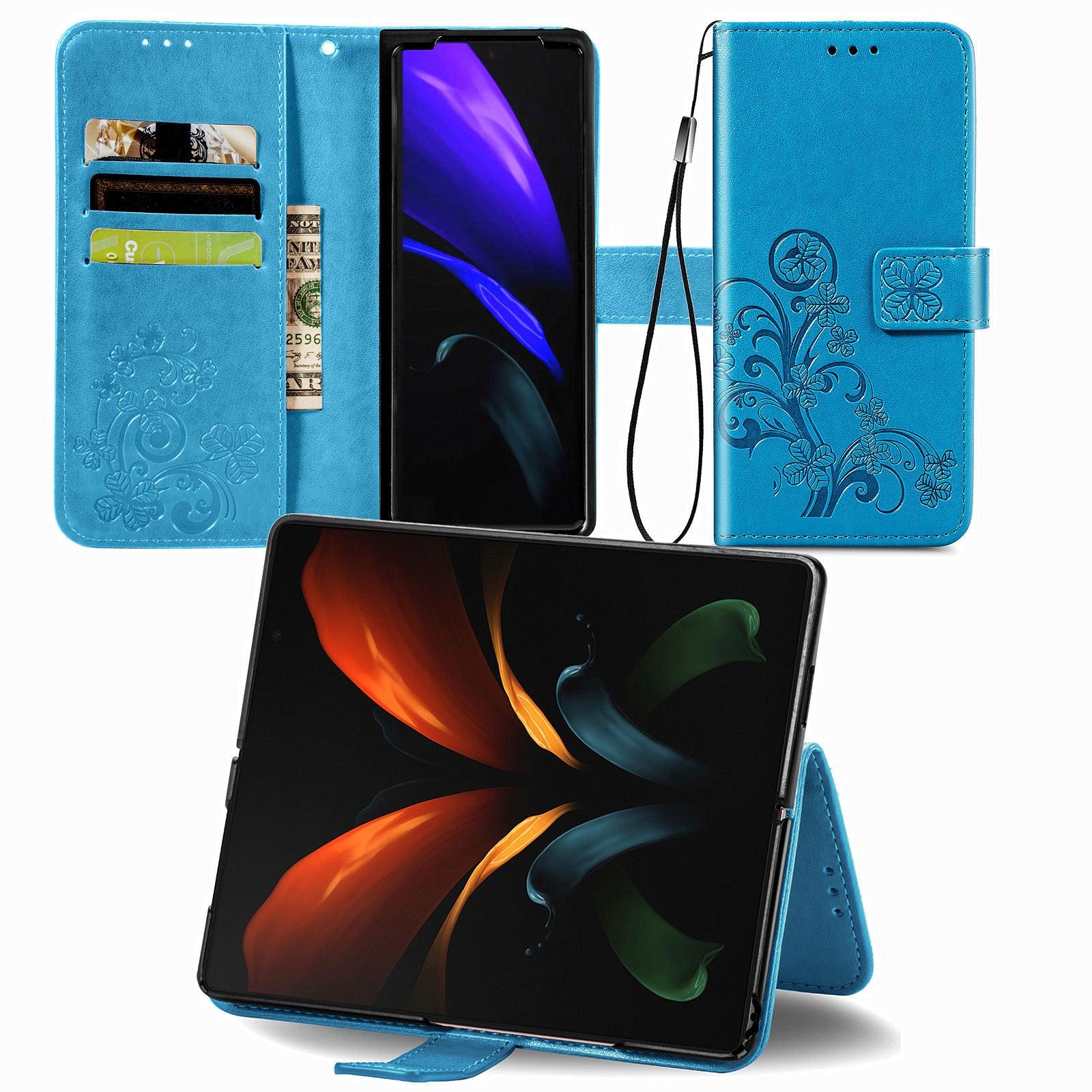 For Samsung Galaxy Z Fold4 5G Embossed Leather Phone Case With Four Leaf Clasp - Blue 8
