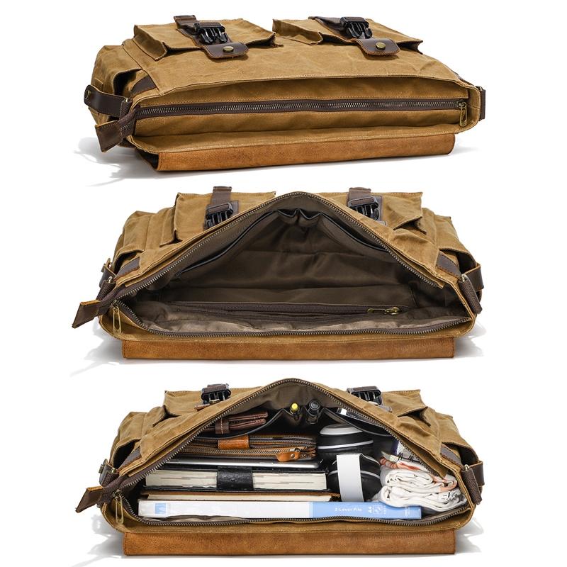 Leather Waxed Canvas Crossbody Bag For Outdoors - S11 Khaki 6