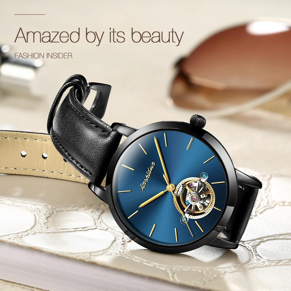 Waterproof Automatic Mechanical Watch for Women with Simple Hollow Design - Black Steel Strip Blue 7