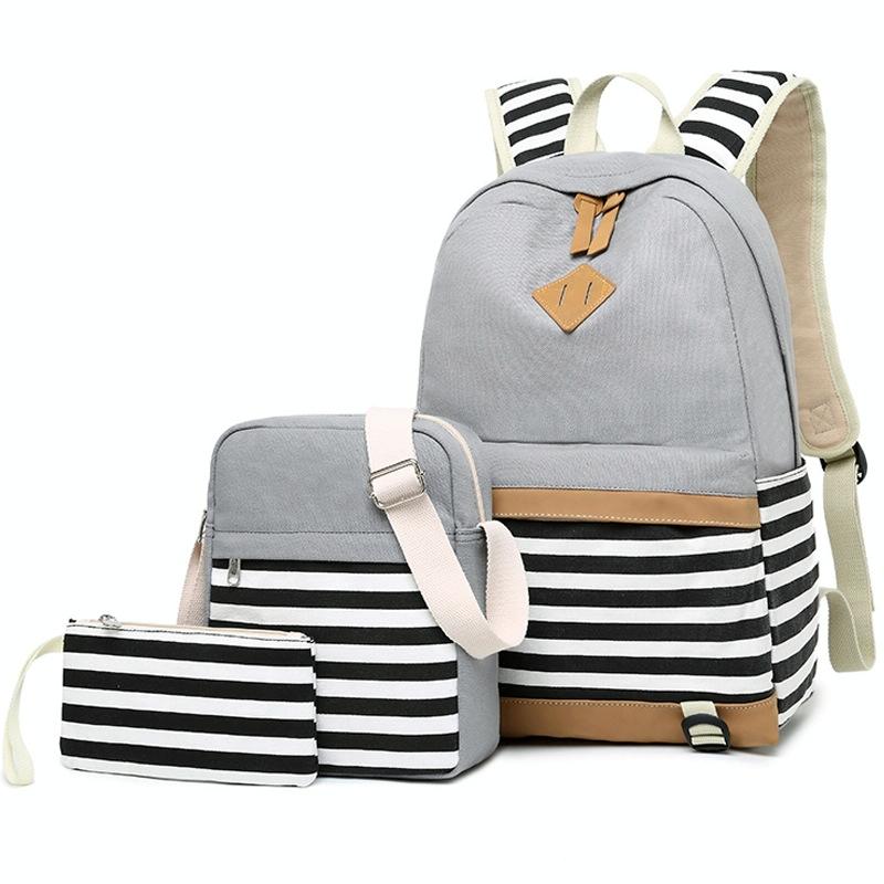 Printed Canvas Backpack Set - 3 Pieces - Navy Blue 13