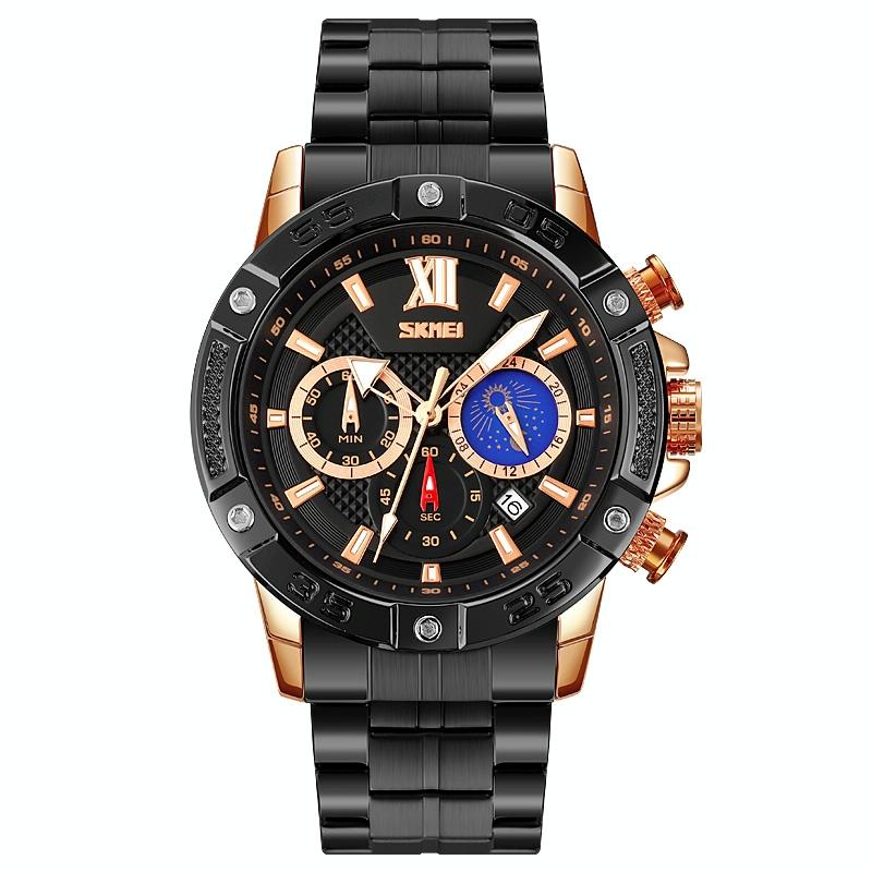 Stainless Steel Men Moonphase Quartz Watch with Strap - Black Blue