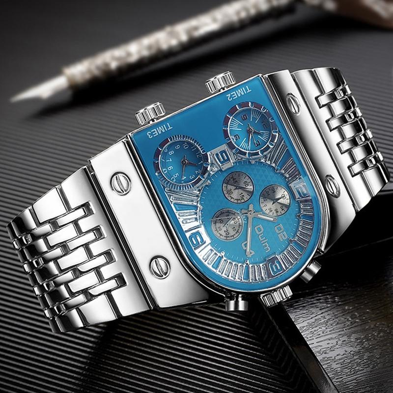 Large Dial Multi Time Zone Men Quartz Watch with Luminous Steel Strap - Silver 4