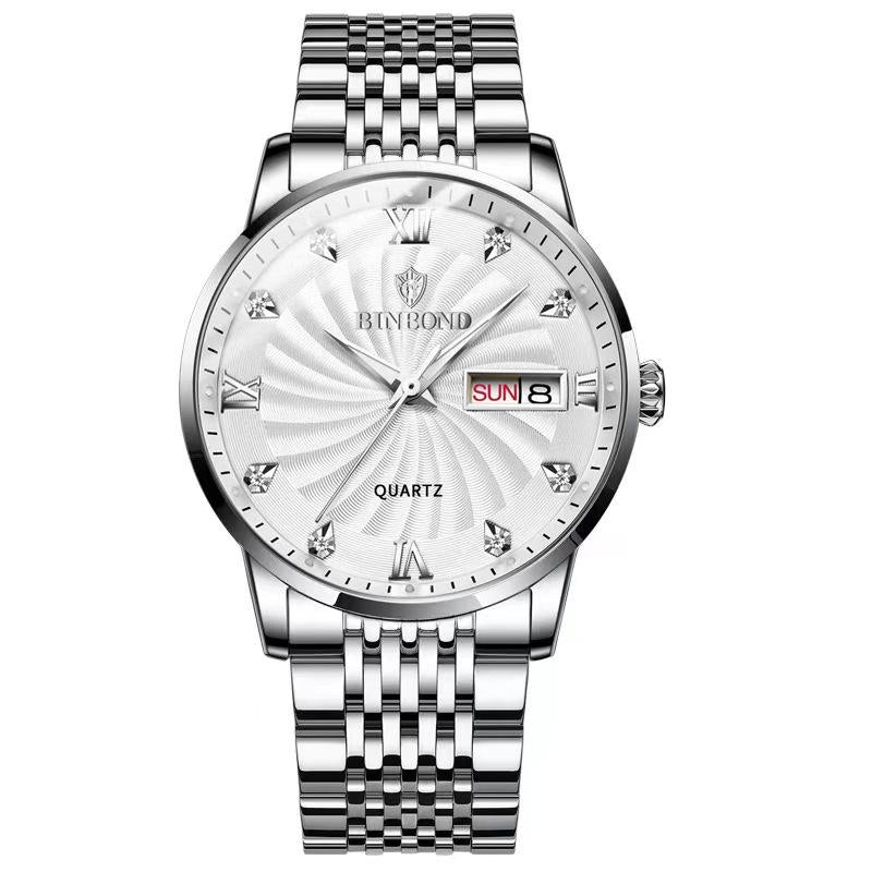 Waterproof Business Men Quartz Watch with Butterfly Buckle and Luminous Dial - 30m - White Steel-White