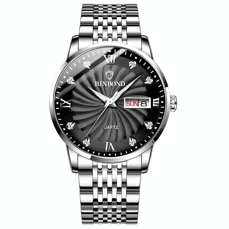 Waterproof Business Men Quartz Watch with Butterfly Buckle and Luminous Dial - 30m - White Steel-White