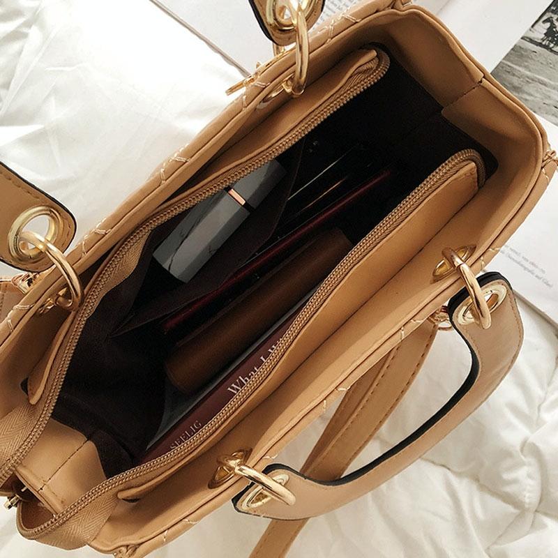 Leather Crossbody Bag with Rhombus Pattern for Women - Brown 3