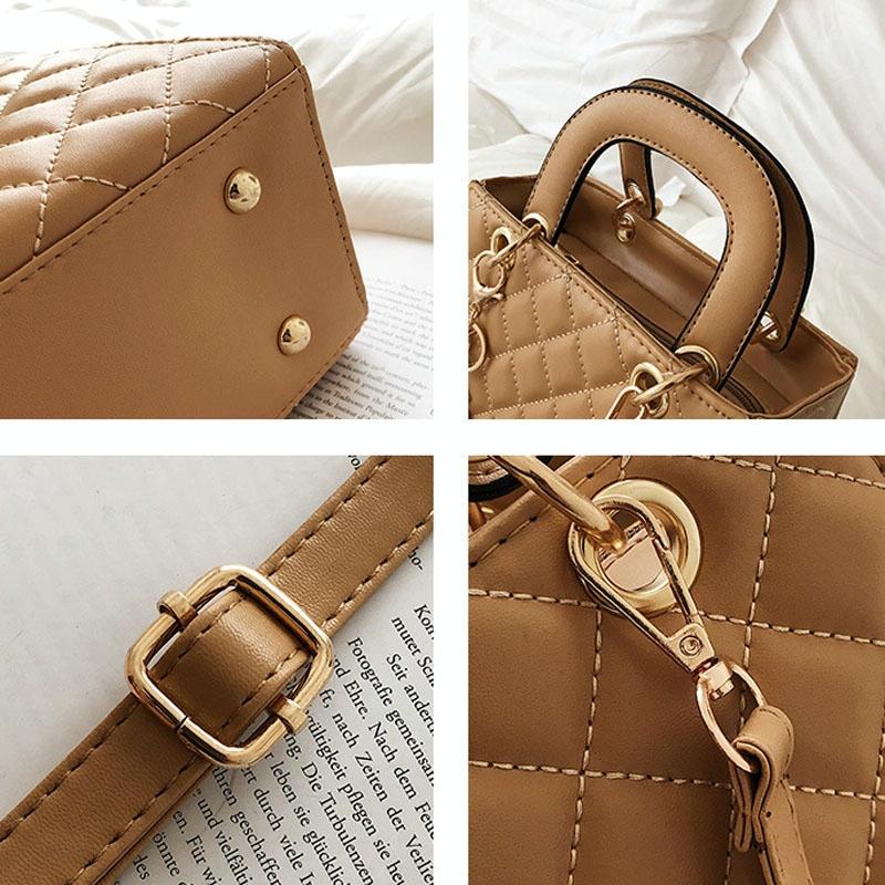 Leather Crossbody Bag with Rhombus Pattern for Women - Brown 4