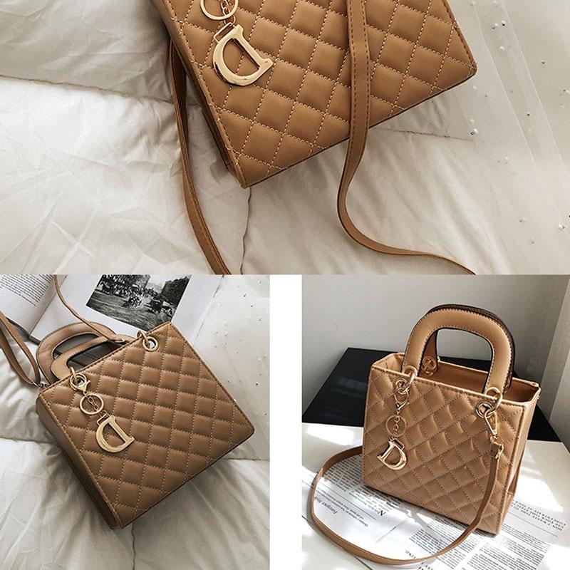 Leather Crossbody Bag with Rhombus Pattern for Women - Brown 9