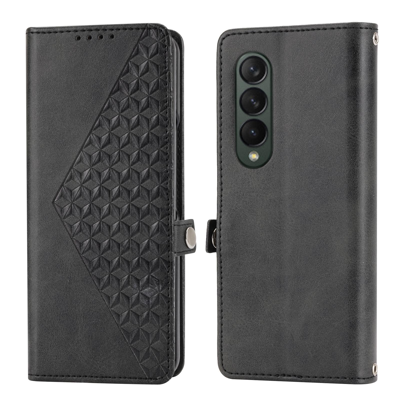 For Samsung Galaxy Z Fold4 5G Leather Grid Texture Phone Case With Lanyard - Brown 3