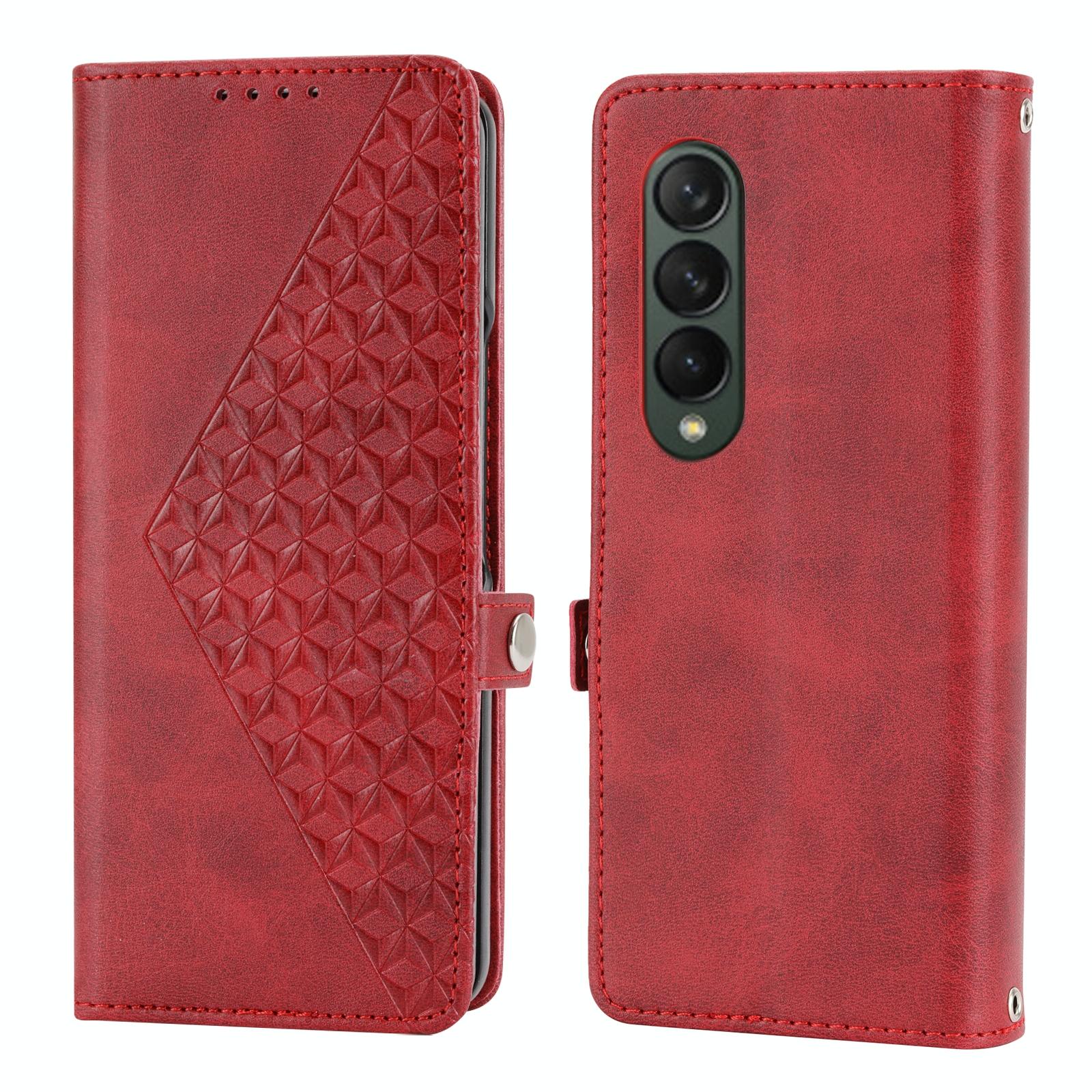 For Samsung Galaxy Z Fold4 5G Leather Grid Texture Phone Case With Lanyard - Brown 8