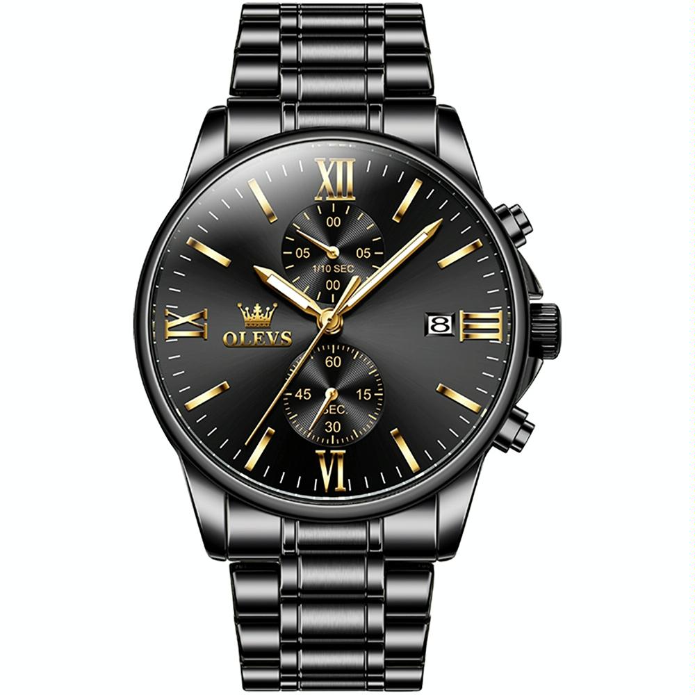 Waterproof Men Chronograph Quartz Watch with Luminous Dial - Black Gold Mesh Strip