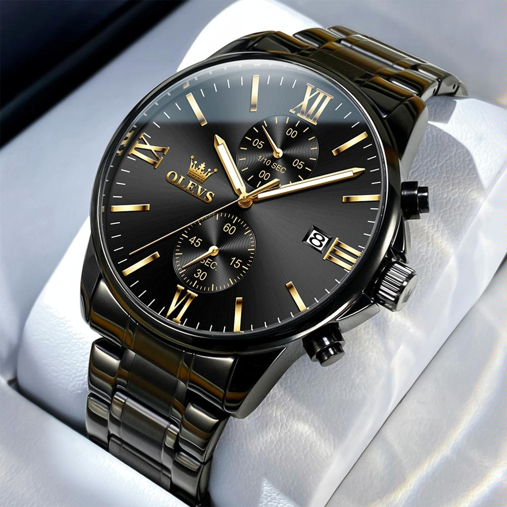 Waterproof Men Chronograph Quartz Watch with Luminous Dial - Black Gold Mesh Strip 3