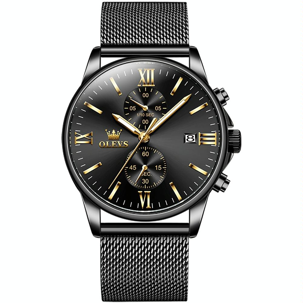 Waterproof Men Chronograph Quartz Watch with Luminous Dial - Black Gold Mesh Strip 9