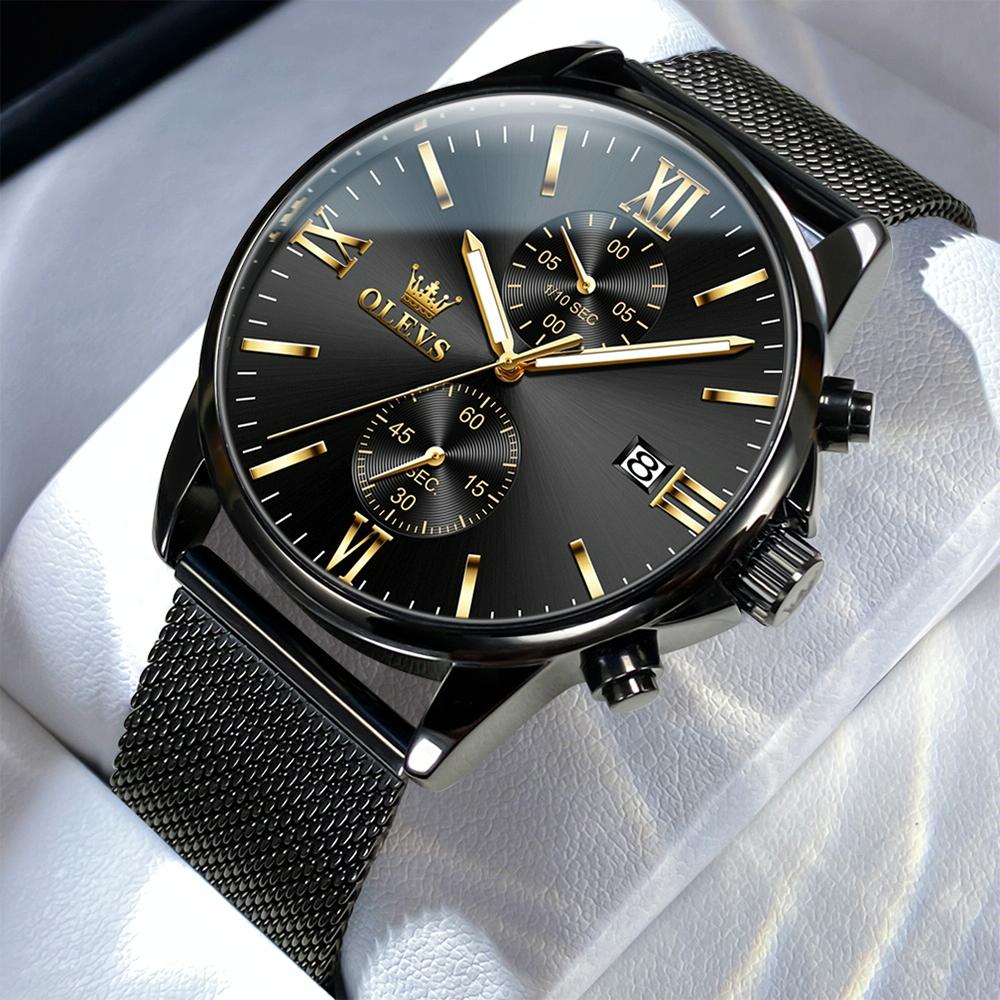 Waterproof Men Chronograph Quartz Watch with Luminous Dial - Black Gold Mesh Strip 10
