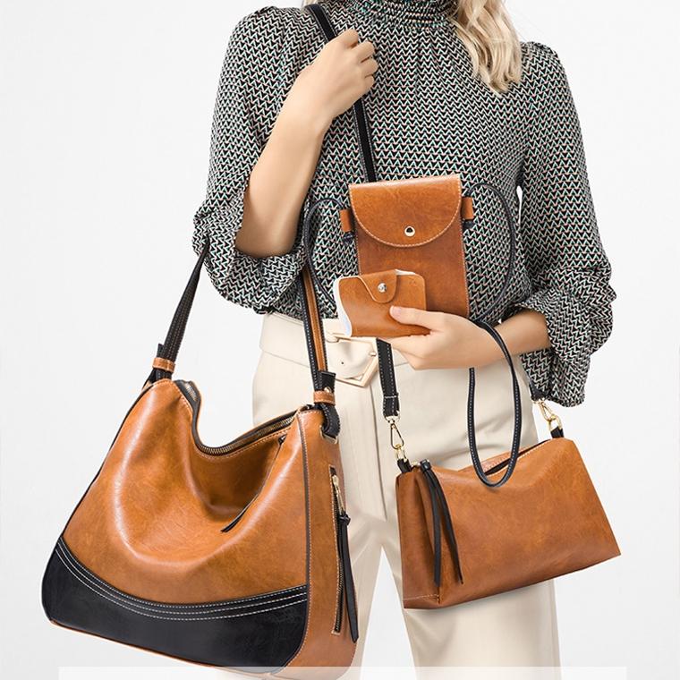 Large Capacity Diagonal Handbags - 4 in 1 Colour Block Leather Bags - Dark Grey 8