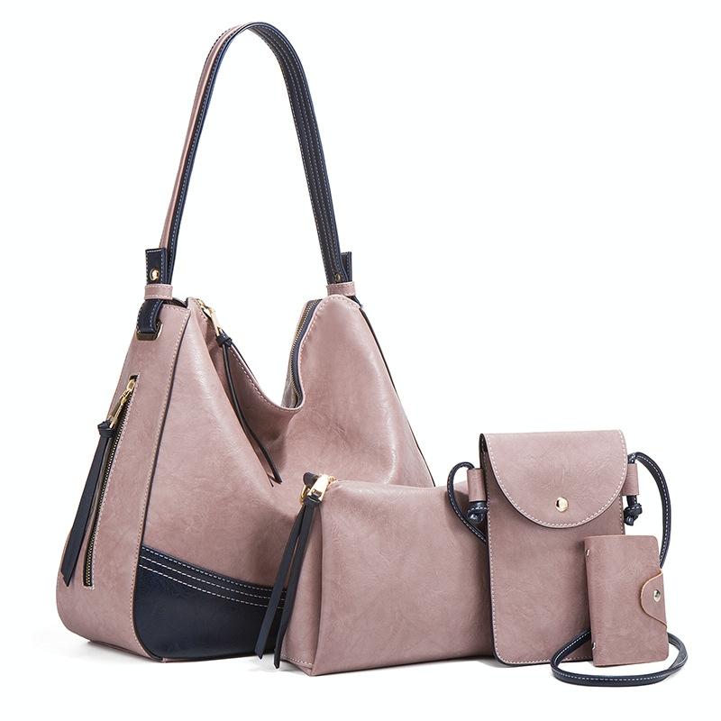 Large Capacity Diagonal Handbags - 4 in 1 Colour Block Leather Bags - Dark Grey 11