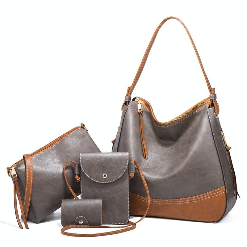 Large Capacity Diagonal Handbags - 4 in 1 Colour Block Leather Bags - Dark Grey 12
