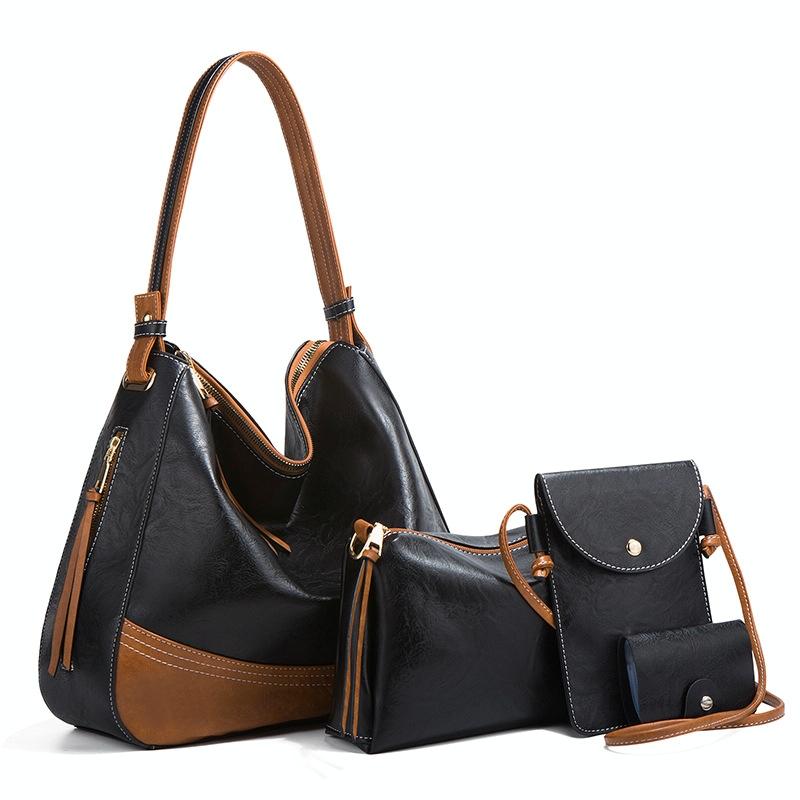 Large Capacity Diagonal Handbags - 4 in 1 Colour Block Leather Bags - Dark Grey 15