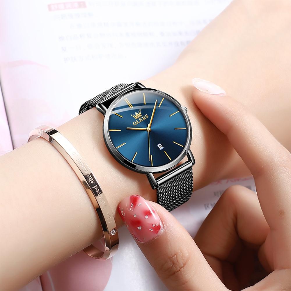 Waterproof Women Quartz Watch with Steel Strap - Blue + Rose Gold 4
