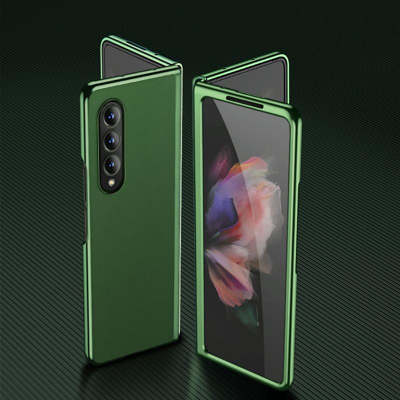 For Samsung Galaxy Z Fold4 5G Leather Folding Phone Case - Electroplated Finish - Army Green 3