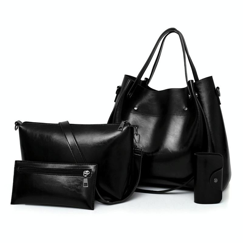 Retro Ladies Handbag - 4-in-1 Fashion Bucket Bag with Large Capacity - Black