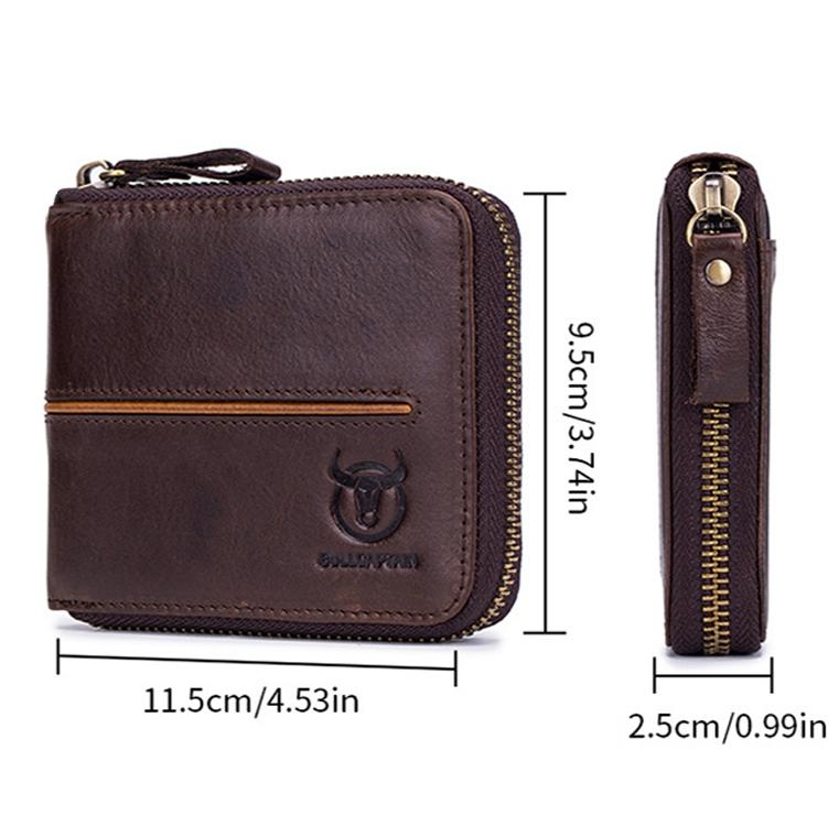 Zippered Cowhide Card Holder with Rfid Protection - Yellow Brown