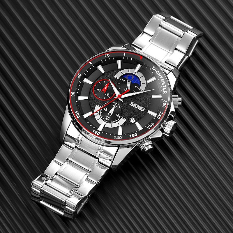 Stainless Steel Men Moonphase Watch with Date - Silver Black 5