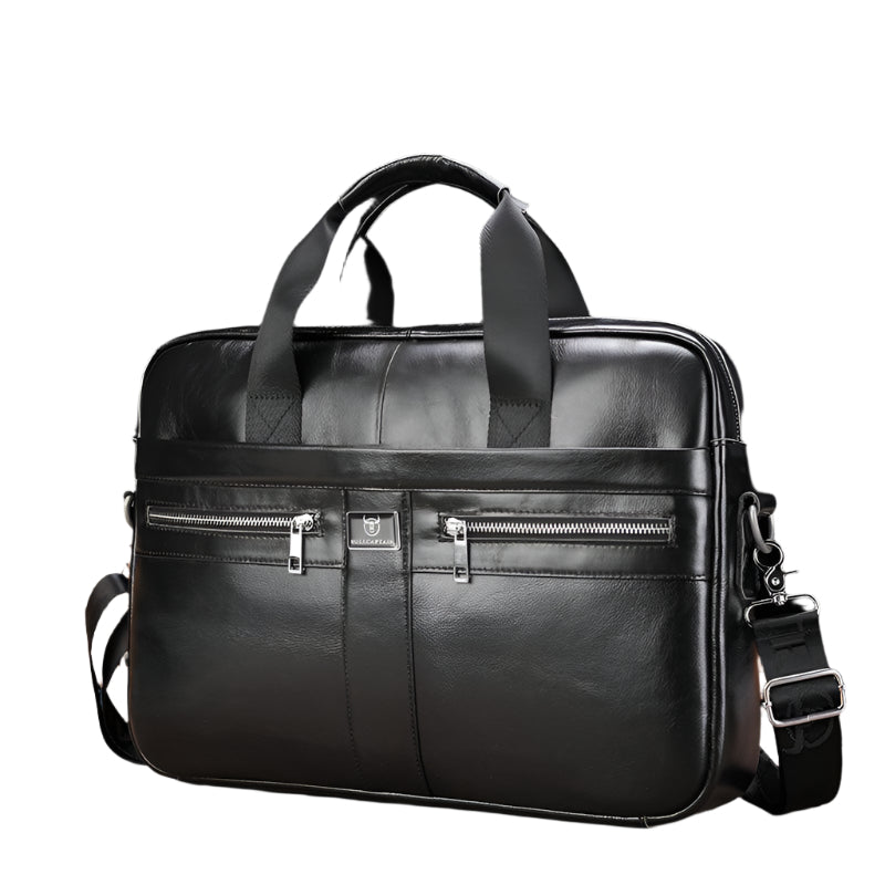 Large Capacity Retro Cowhide Briefcase - Black Metal