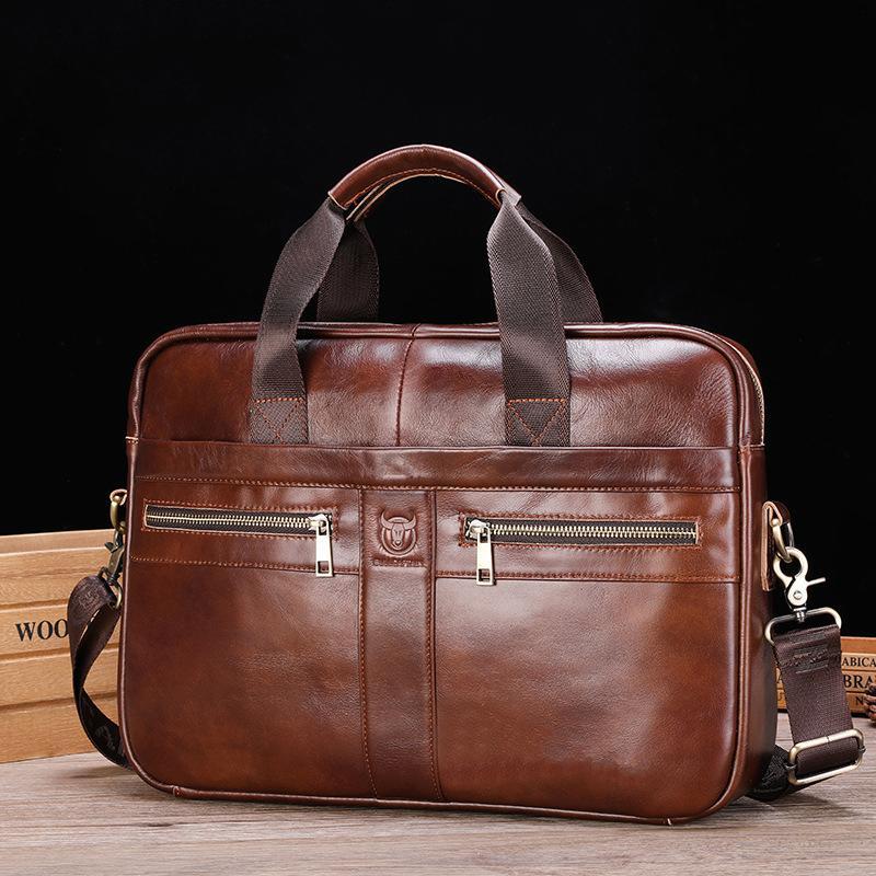 Large Capacity Retro Cowhide Briefcase - Black Metal 9