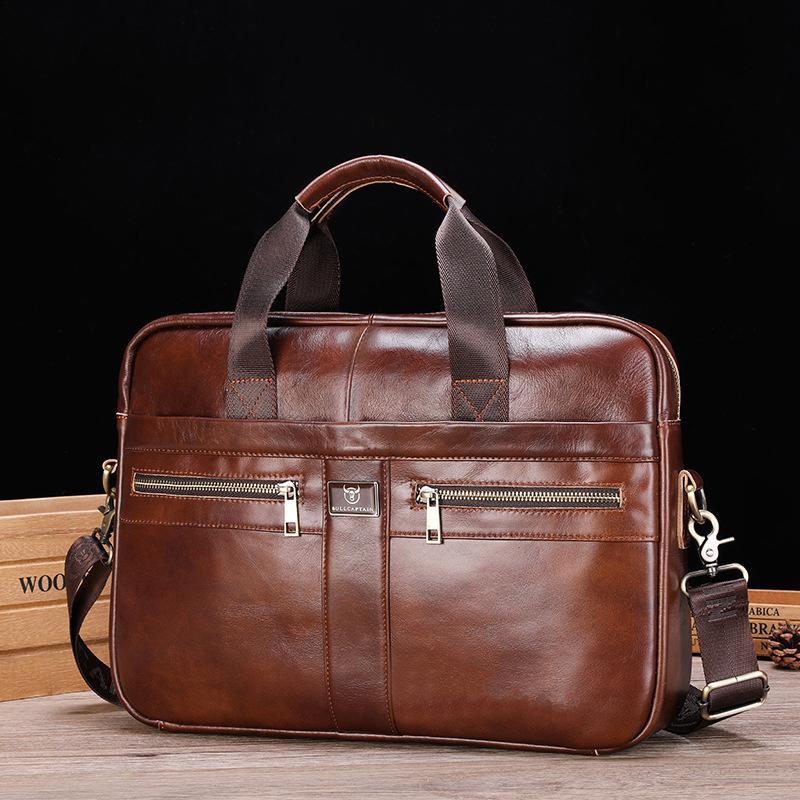 Large Capacity Retro Cowhide Briefcase - Black Metal 10