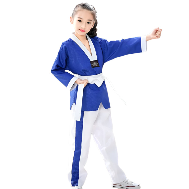 Taekwondo Training Uniform Child & Adult Cotton Clothing Size 130 - Blue White Stitching - 130