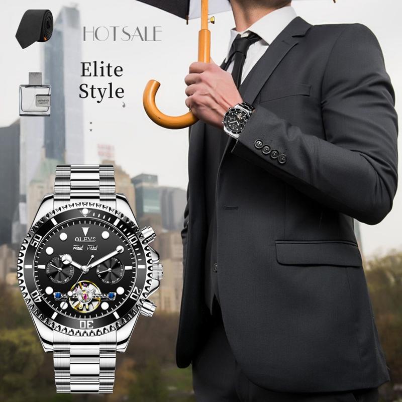 Waterproof Mechanical Watch for Men - Multifunctional - Black + Gold 9