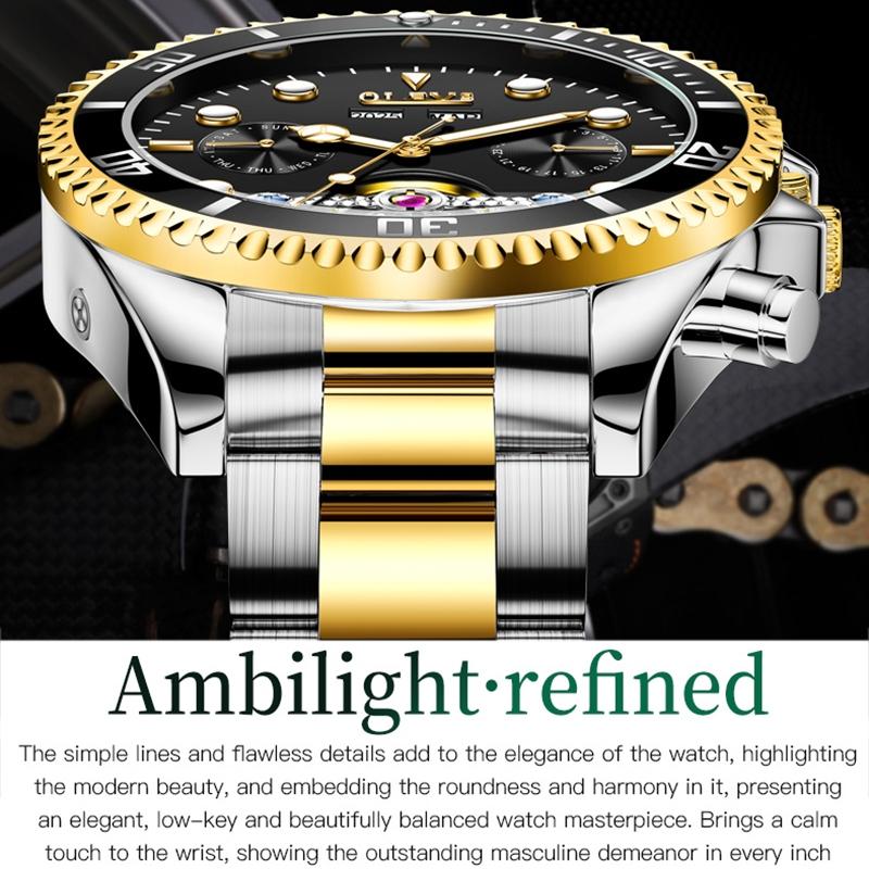 Waterproof Mechanical Watch for Men - Multifunctional - Black + Gold 12