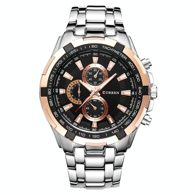 Stainless Steel Men Analog Sport Watch - 8023 - Silver Case Gold Ring Black Face