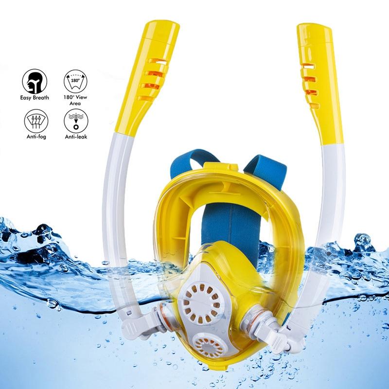 Full Dry Silicone Kids Diving Mask with Double Tubes - White Yellow 7