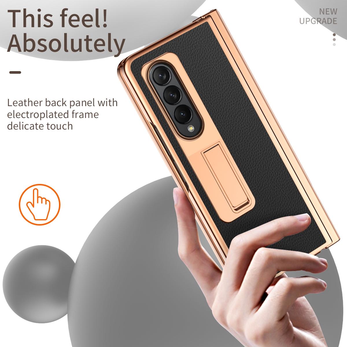 For Samsung Galaxy Z Fold4 5G Premium Litchi Leather Hinged Phone Case - With Pen - Gold 4