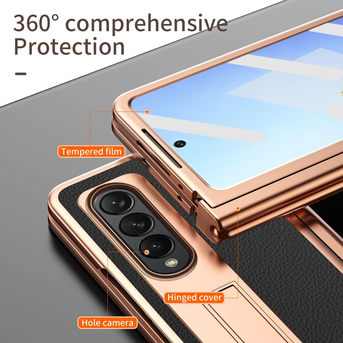 For Samsung Galaxy Z Fold4 5G Premium Litchi Leather Hinged Phone Case - With Pen - Gold 6