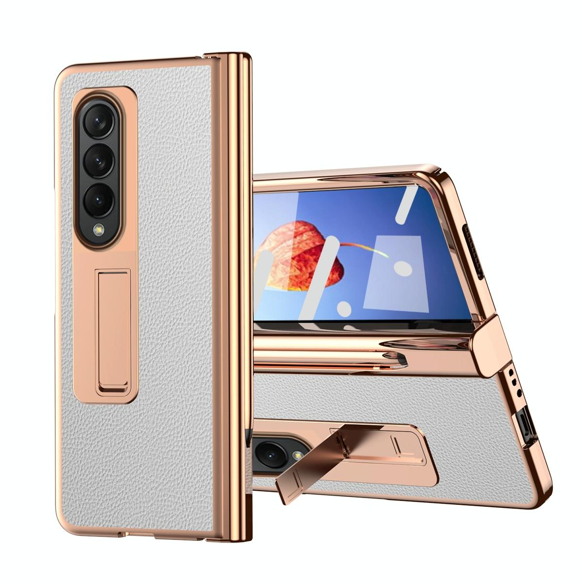 For Samsung Galaxy Z Fold4 5G Premium Litchi Leather Hinged Phone Case - With Pen - Gold 9