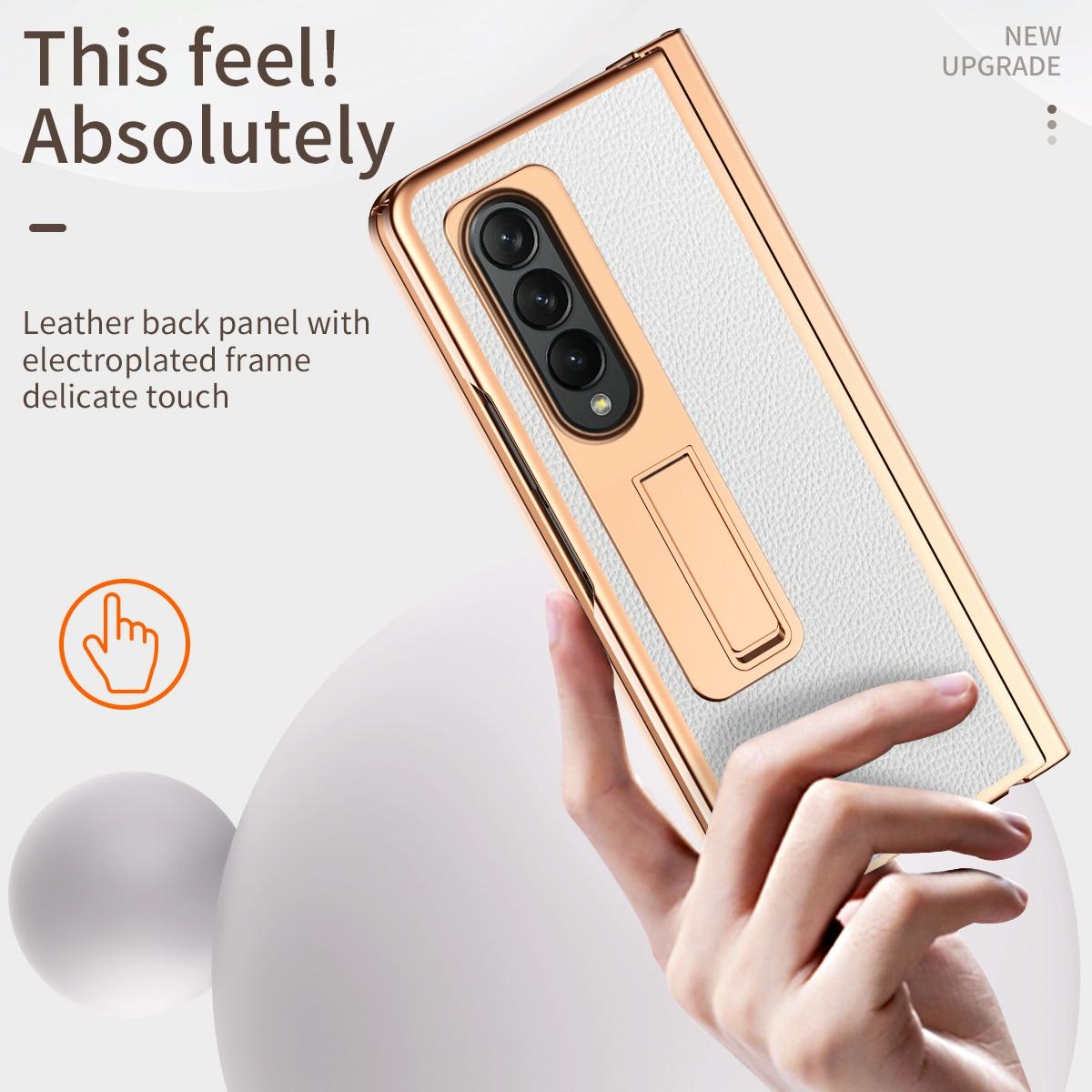For Samsung Galaxy Z Fold4 5G Premium Litchi Leather Hinged Phone Case - With Pen - Gold 10