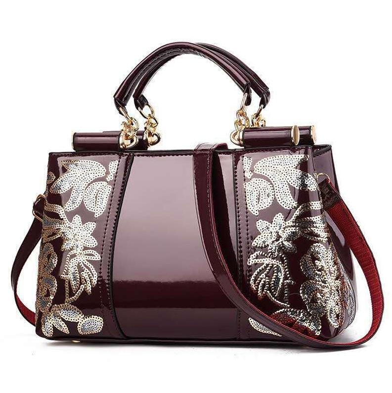 Shiny Leather Handbag with Single-sided Embroidery - Black