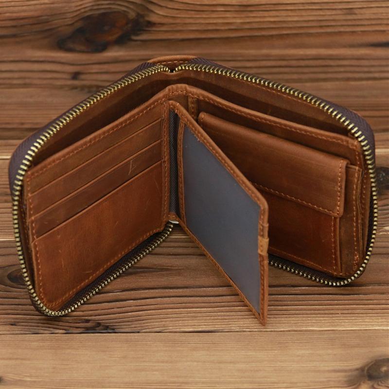 Leather Rfid Zip Wallet - Blocking Compact - Horizontal 3 4