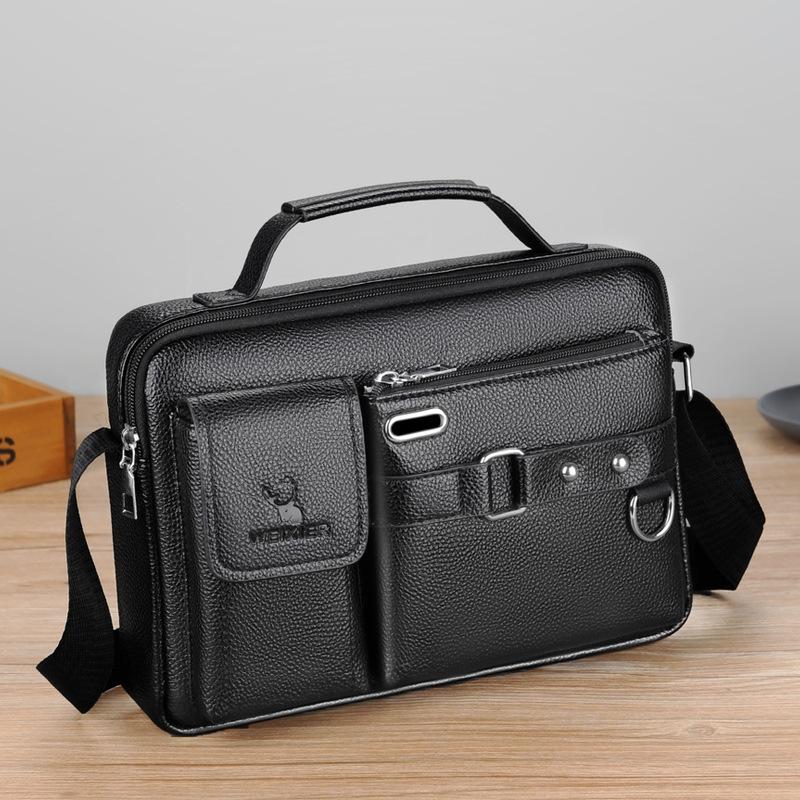 Portable Leather Shoulder Bag - Handbag - Plain Texture Black 3
