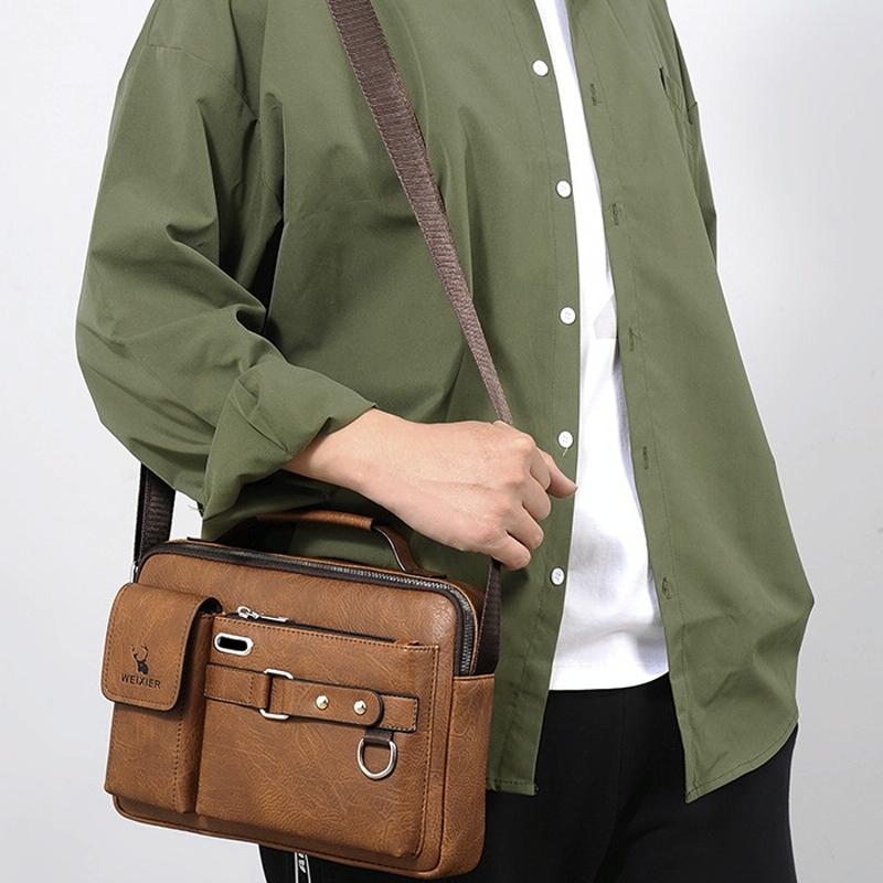 Portable Leather Shoulder Bag - Handbag - Plain Texture Black 9