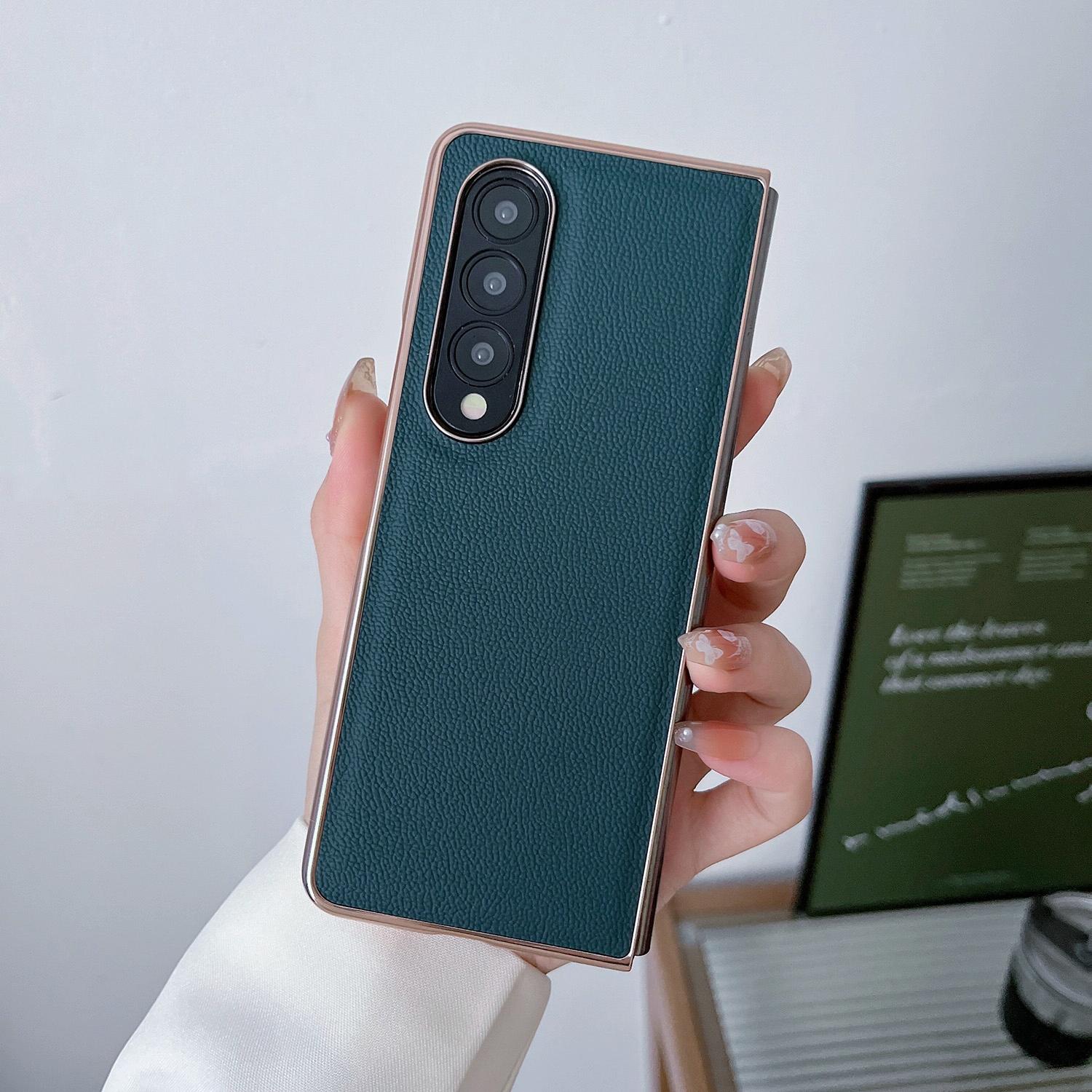 For Samsung Galaxy Z Fold4 5G Leather Phone Case - Nano Plating - Dark Green 10