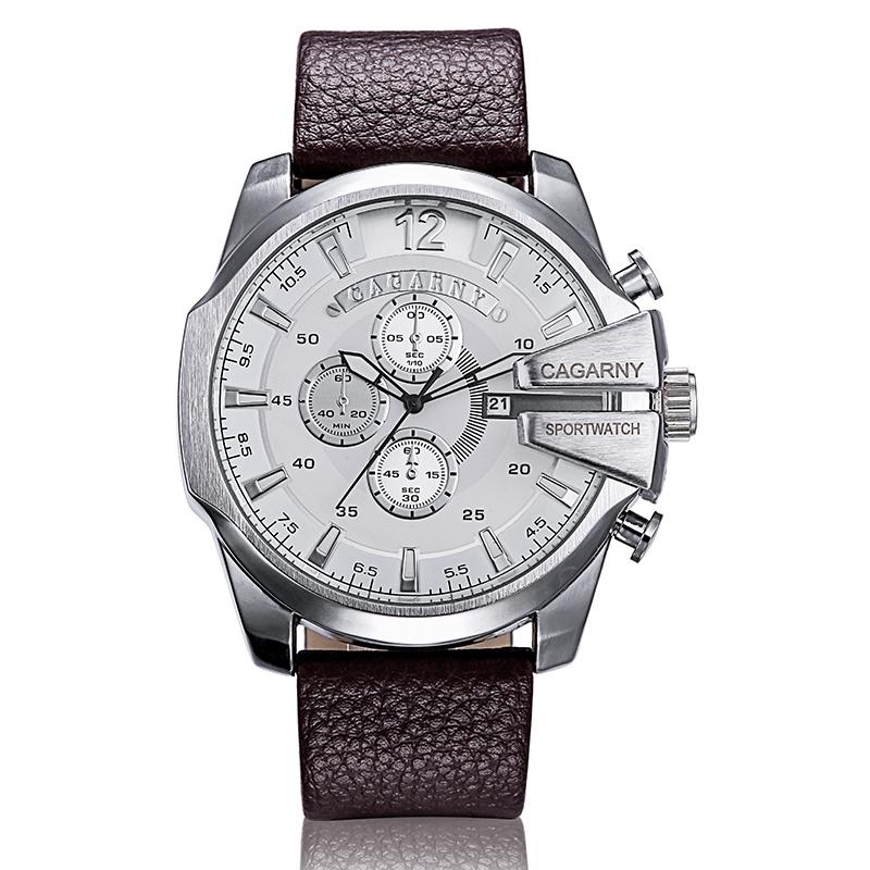 Men Leather Band Sports Watch with Large Dial - Silver Black + Black